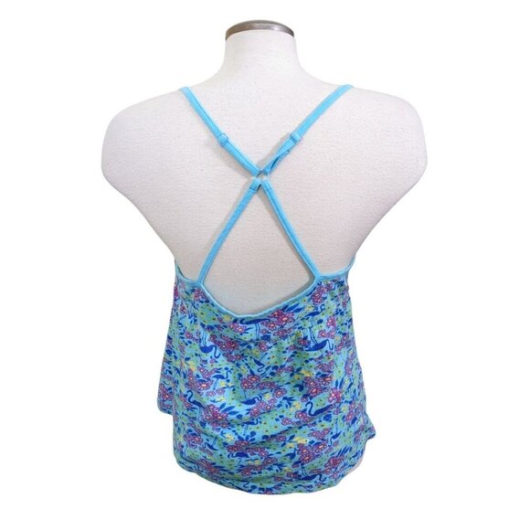 Womens Y2K Babydoll Cami Top Size L Blue Flowers Flamingos Dainty Cottage Fairy - Picture 3 of 7